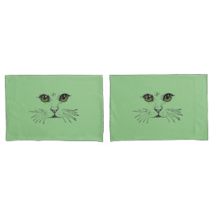 Drawing in Black of a Cat Face Bright Green Eyes Pillow Case