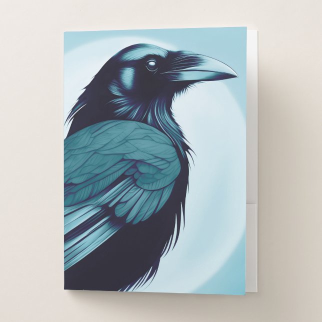 Drawing of a black raven on light blue  pocket folder (Front)