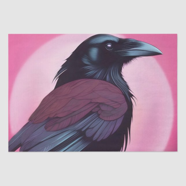 Drawing of a black raven on neon pink tissue paper (Front)