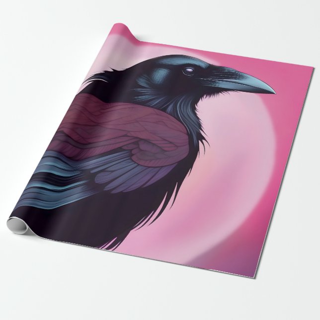 Drawing of a black raven on neon pink wrapping paper (Unrolled)