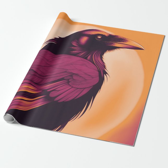 Drawing of a black raven on yellow orange wrapping paper (Unrolled)
