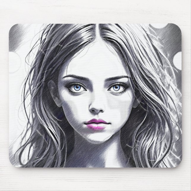 Drawing of a girl with a captivating look mouse pad (Front)