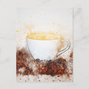 Drawing of a Hot Cup of Coffee Among Coffee Beans Postcard