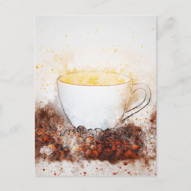 Drawing of a Hot Cup of Coffee Among Coffee Beans Postcard (Front)
