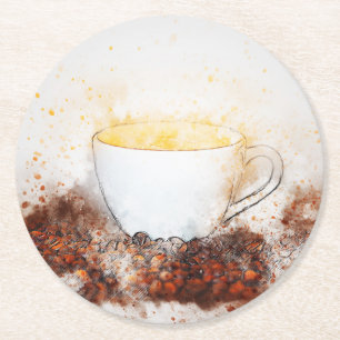 Drawing of a Hot Cup of Coffee Among Coffee Beans Round Paper Coaster