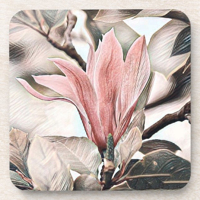 Drawing of a pink magnolia branch beverage coaster (Front)