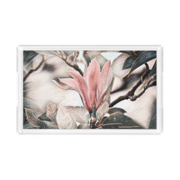 Drawing of a pink magnolia flower branch acrylic t tray