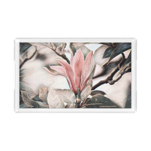 Drawing of a pink magnolia flower branch acrylic t tray