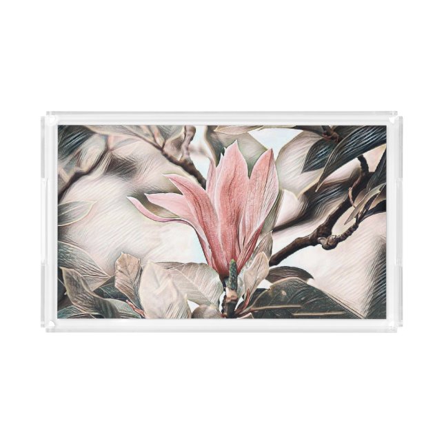 Drawing of a pink magnolia flower branch acrylic t tray (Front)
