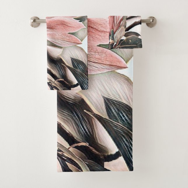 Drawing of a pink magnolia flower branch bath towe bath towel set (Insitu)