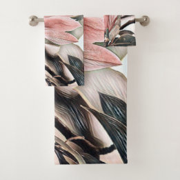 Drawing of a pink magnolia flower branch bath towe towel set