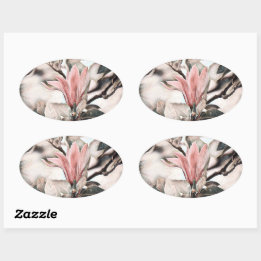 Drawing of a pink magnolia flower branch oval stic sticker