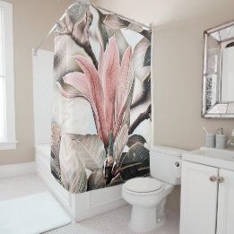 Drawing of a pink magnolia flower branch shower cu curtain