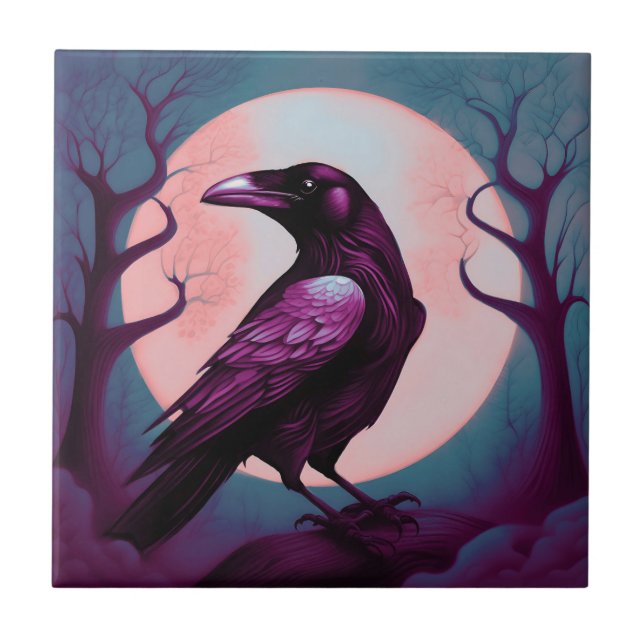Drawing of a raven on grey blue background ceramic tile (Front)