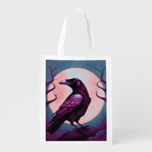 Drawing of a raven on grey blue background grocery bag