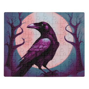 Drawing of a raven on grey blue background jigsaw puzzle