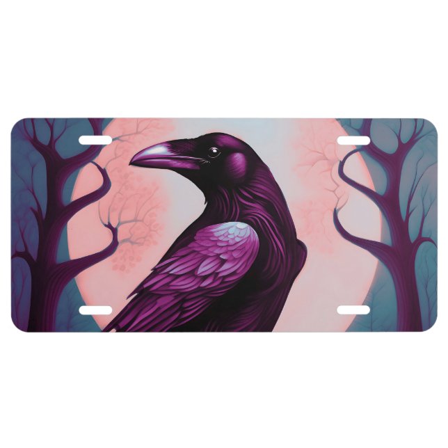 Drawing of a raven on grey blue background license plate (Front)