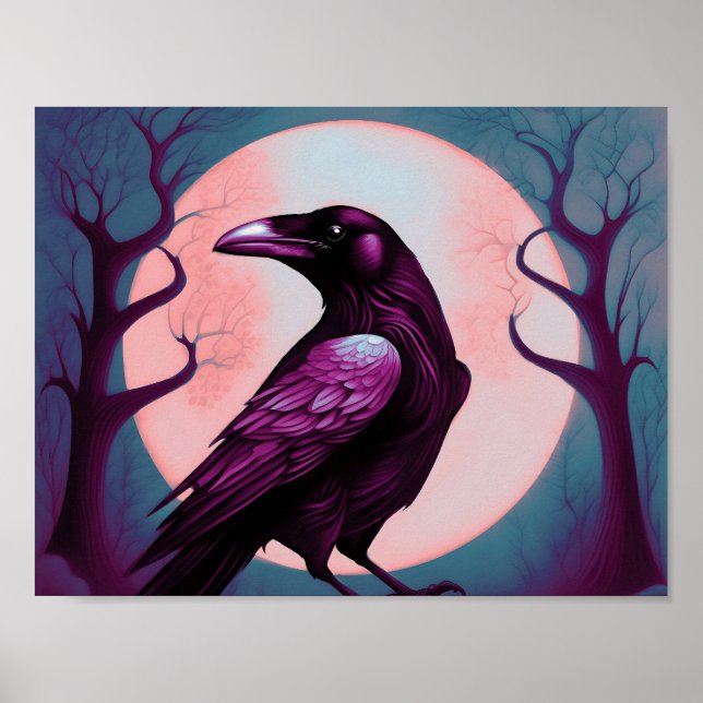 Drawing of a raven on grey blue background poster (Front)