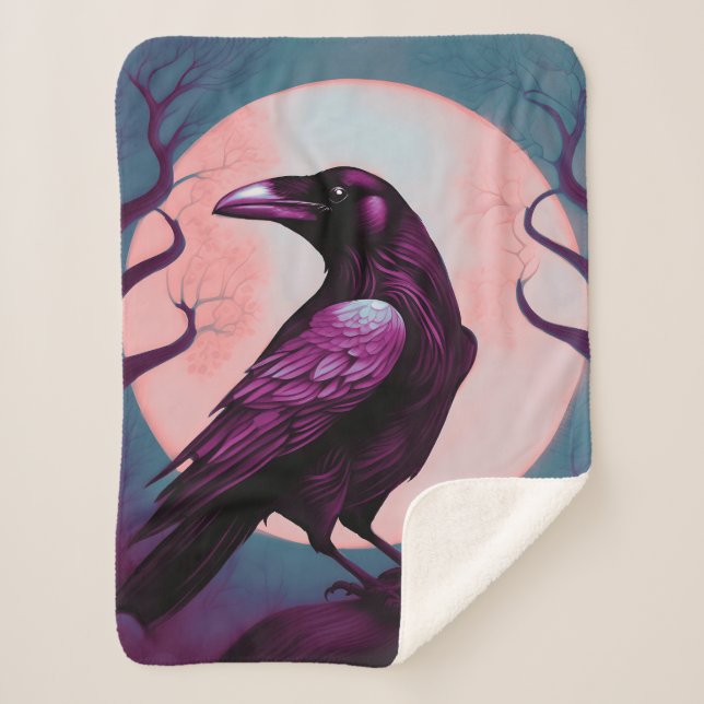 Drawing of a raven on grey blue background sherpa blanket (Front)