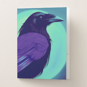 Drawing of a raven on neon blue background pocket folder