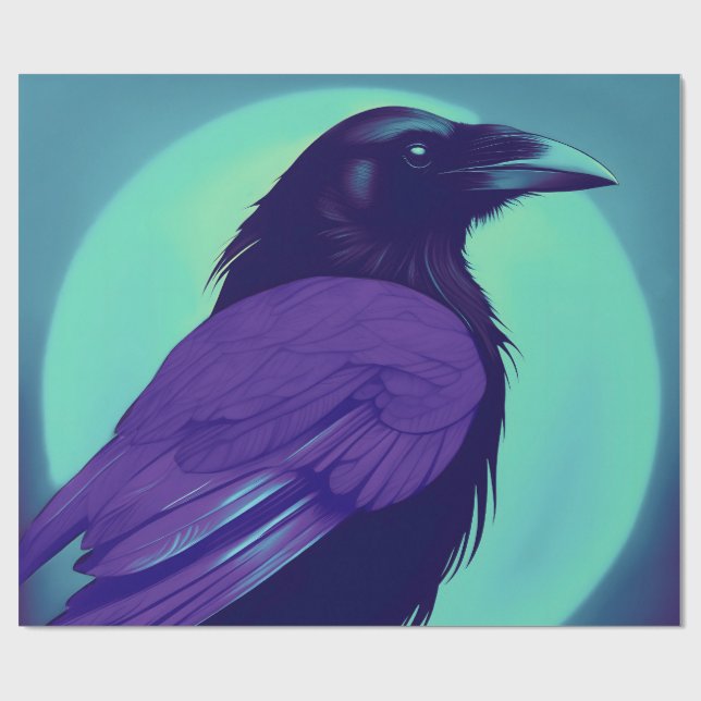 Drawing of a raven on neon blue background  wrapping paper (Flat)