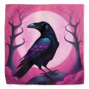 Drawing of a raven on neon pink background bandana