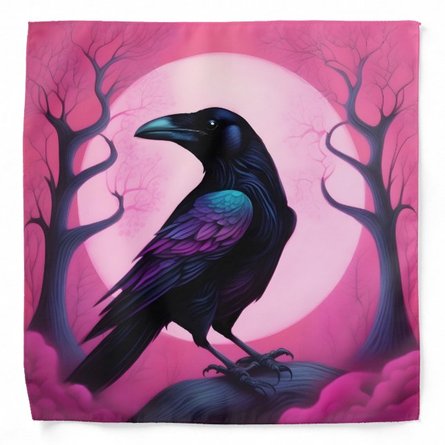 Drawing of a raven on neon pink background bandana (Front)