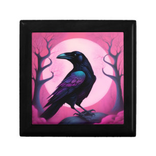 Drawing of a raven on neon pink background gift box