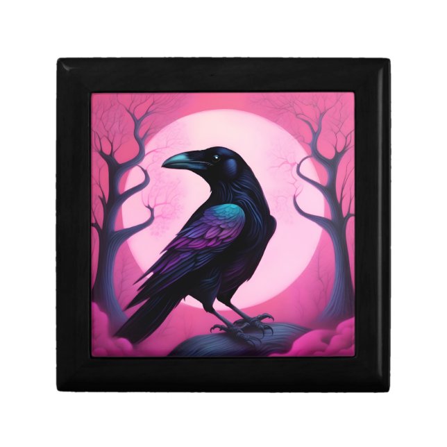 Drawing of a raven on neon pink background gift box (Front)
