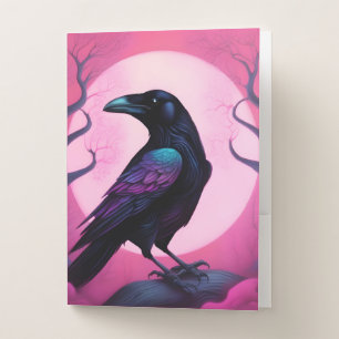 Drawing of a raven on neon pink background pocket folder
