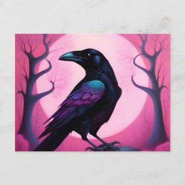 Drawing of a raven on neon pink background postcard
