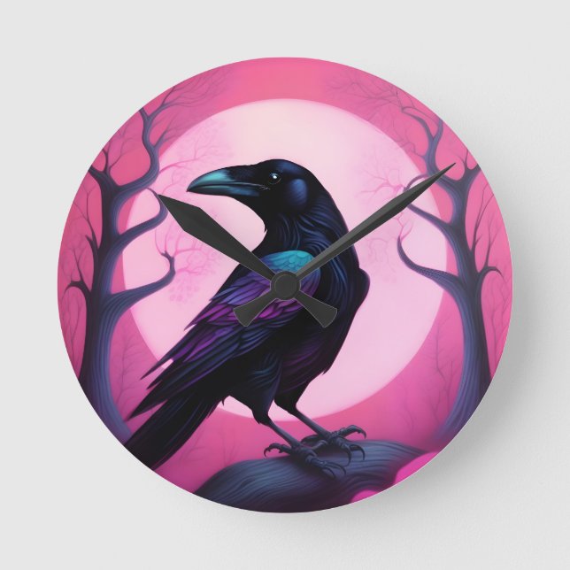 Drawing of a raven on neon pink background round clock (Front)