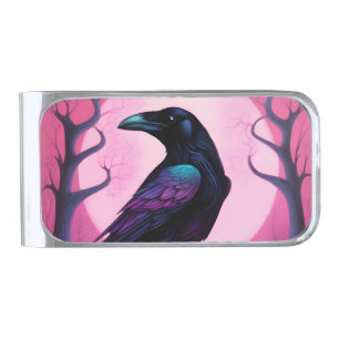 Drawing of a raven on neon pink background silver finish money clip