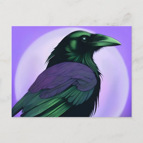 Drawing of a raven on neon purple background  postcard