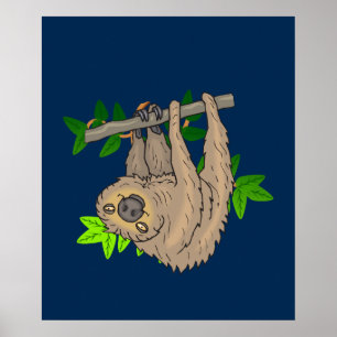 Drawing of a Sloth Hanging Upside Down Poster