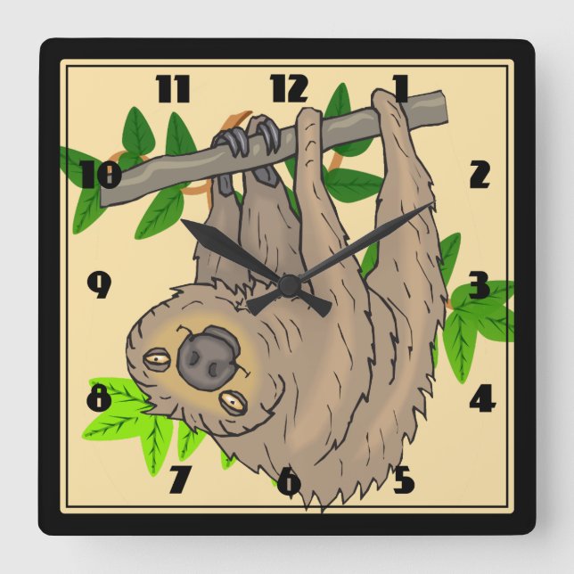 Drawing of a Sloth Hanging Upside Down Square Wall Clock (Front)