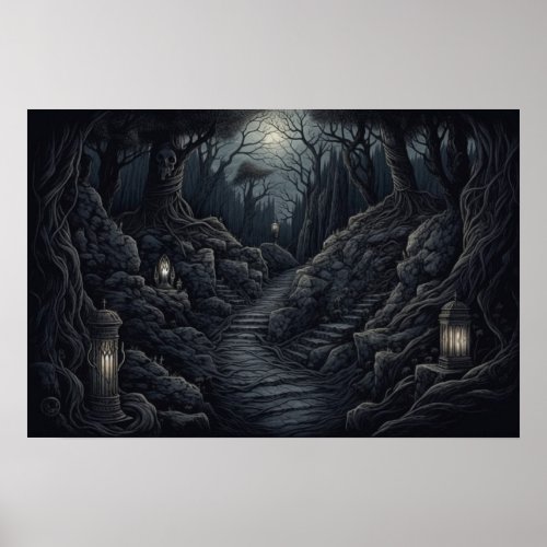 Drawing of a winding path through a creepy forest poster