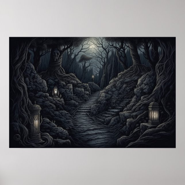 Drawing of a winding path through a creepy forest poster (Front)