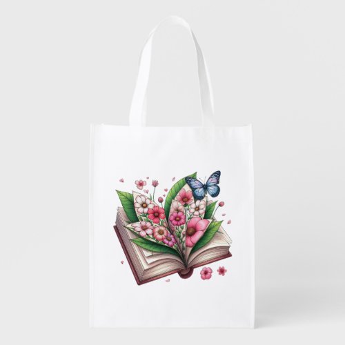 Drawing of an open book with flower grocery bag