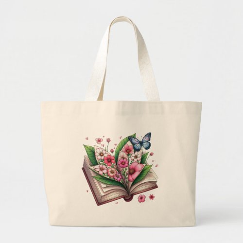 Drawing of an open book with flower large tote bag