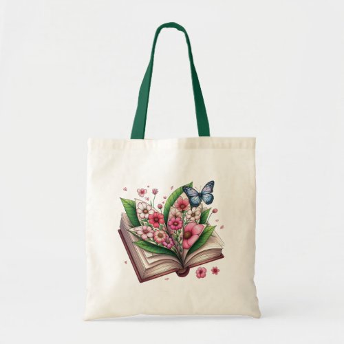 Drawing of an open book with flower tote bag