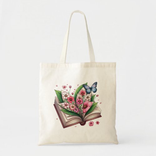 Drawing of an open book with flower tote bag