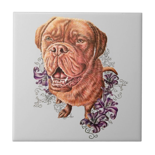 Drawing of Brown Mastiff Dog Art and Lilies Ceramic Tile (Front)