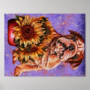 Drawing of Bulldog Sunflowers on Purple Paint Poster