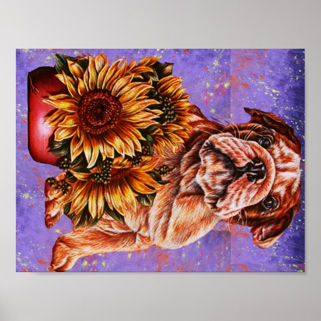 Drawing of Bulldog Sunflowers on Purple Paint Poster (Front)