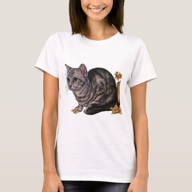 Drawing of Cat with Daffodils T-Shirt (Front)