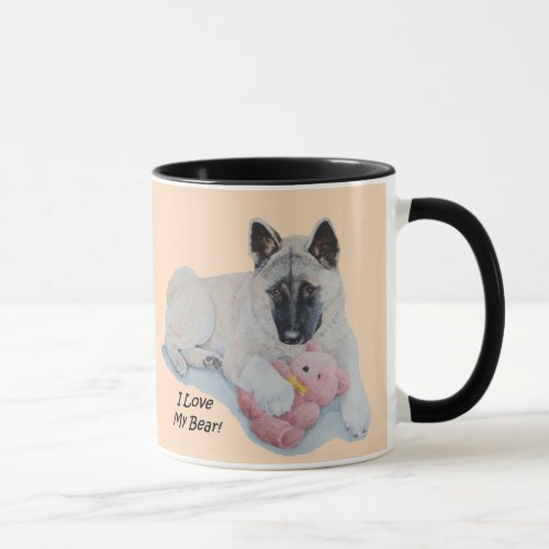 drawing of cute akita cuddling teddy bear mug