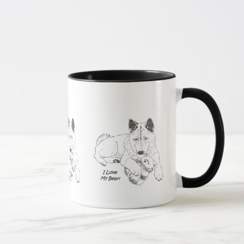 drawing of cute akita cuddling teddy bear mug