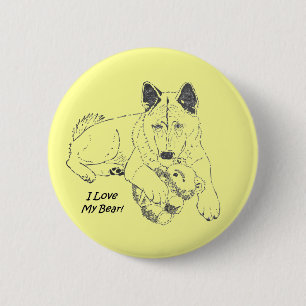 drawing of cute akita dog with teddy bear pinback button