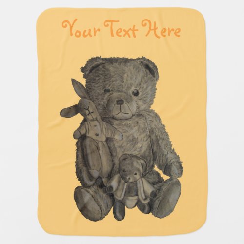 drawing of cute old vintage bunny and teddies stroller blanket